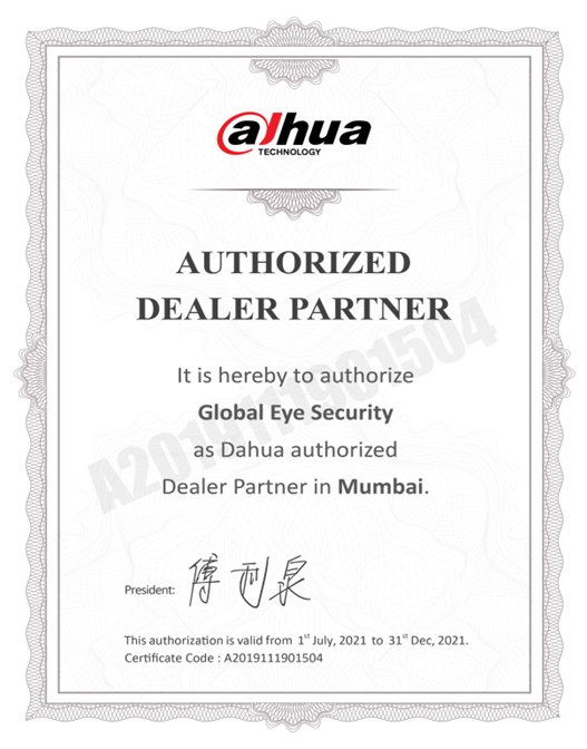 Dahua authorised dealer partner certificate issued to Global Eye Security Systems, Mumbai