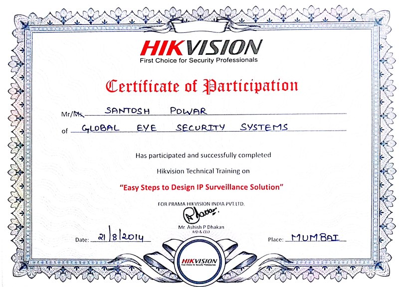 Hikvision certificate of participation in advanced technical training awarded to Santosh Powar