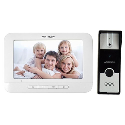 Video door phone - Indoor monitor paired with an outdoor call panel at the gate.