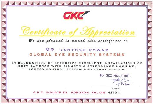 Certificate of appreciation from GKC Industries, Kongaon, Kalyan, awarded to Santosh Powar of Global Eye Security Systems